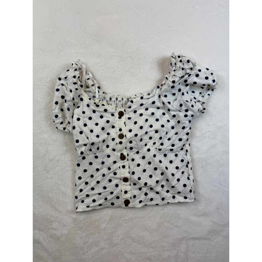Monteal Los Angeles Polka Dot Smocked Crop Top Cream Navy Button Front Small